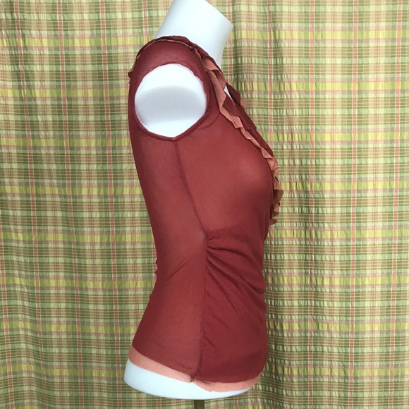 Anthro Maroon Blush Mesh Trim Faux Wrap Top XS - Picture 3 of 5